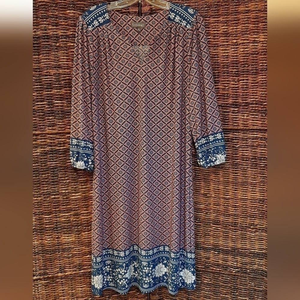 Luxology 16 Floral Geometric Print Long Sleeve Boho Ponte Knit Knee Length Dress